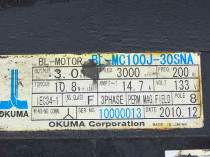 Okuma BL-MC100J-30SNA AC Servo Motor 3kW 3000 RPM 14.7A 133V 3PH Encoder