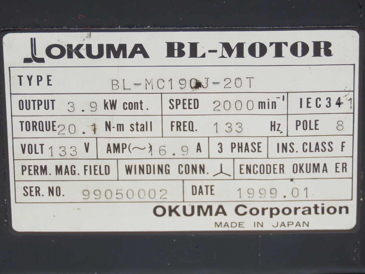 Okuma BL-MC190J-20T AC Servo Motor 3.9kW 2000 RPM 133V 16.9A 3PH Encoder