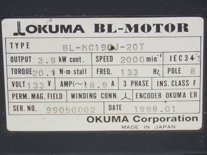 Okuma BL-MC190J-20T AC Servo Motor 3.9kW 2000 RPM 133V 16.9A 3PH Encoder