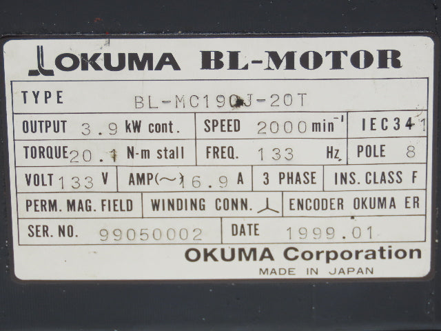 Okuma BL-MC190J-20T AC Servo Motor 3.9kW 2000 RPM 133V 16.9A 3PH Encoder