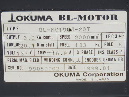 Okuma BL-MC190J-20T AC Servo Motor 3.9kW 2000 RPM 133V 16.9A 3PH Encoder