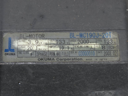 Okuma BL-MC190J-20T AC Servo Motor 3.9kW 2000 RPM 133V 19.1A 3PH Encoder