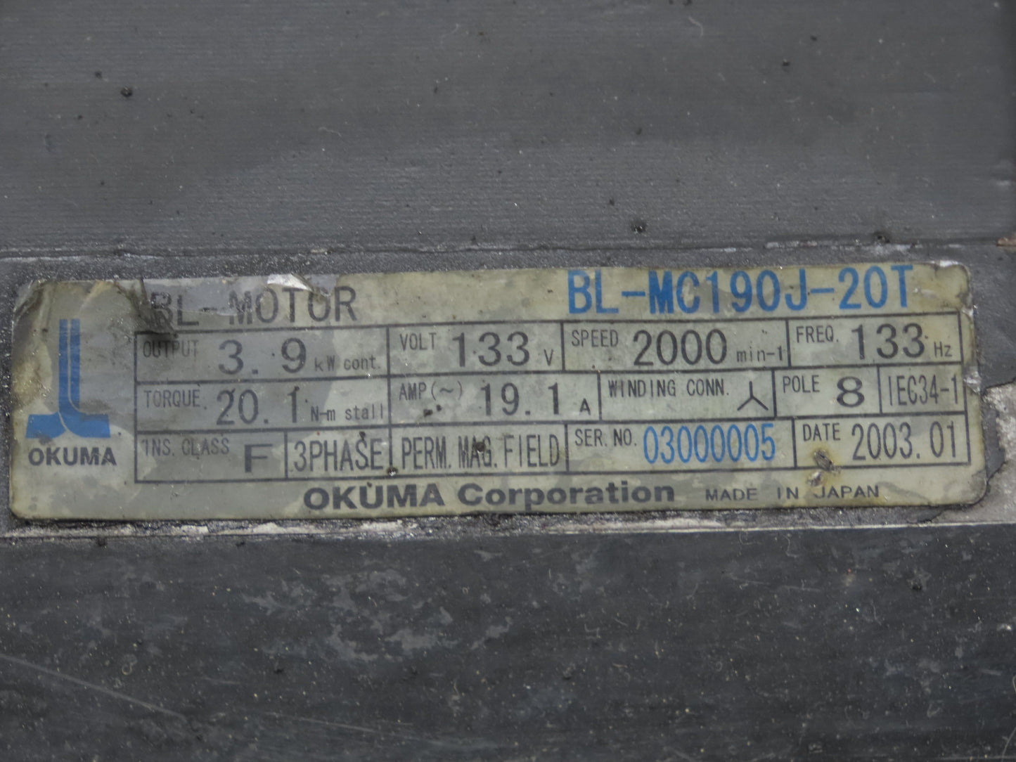 Okuma BL-MC190J-20T AC Servo Motor 3.9kW 2000 RPM 133V 19.1A 3PH Encoder