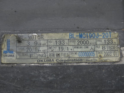 Okuma BL-MC190J-20T AC Servo Motor 3.9kW 2000 RPM 133V 19.1A 3PH Encoder