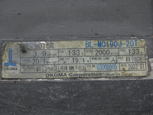 Okuma BL-MC190J-20T AC Servo Motor 3.9kW 2000 RPM 133V 19.1A 3PH Encoder