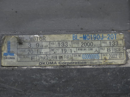 Okuma BL-MC190J-20T AC Servo Motor 3.9kW 2000 RPM 133V 19.1A 3PH Encoder