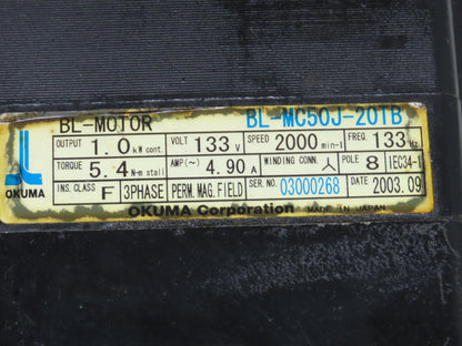 Okuma BL-MC50J-20TB AC Servo Motor 1kW 133V 2000 RPM 4.9A 3PH Encoder