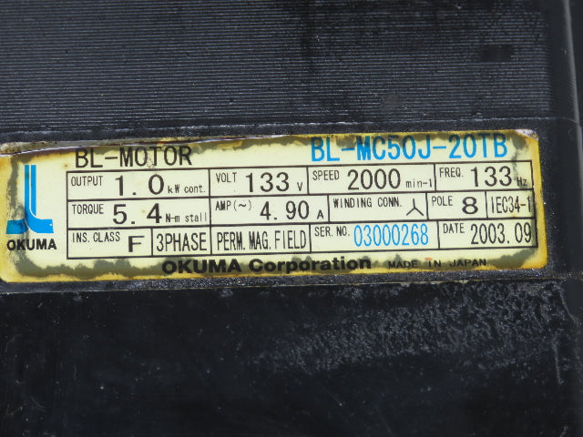 Okuma BL-MC50J-20TB AC Servo Motor 1kW 133V 2000 RPM 4.9A 3PH Encoder