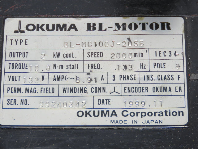 Okuma BL-MC100J-20SB AC Servo Motor 2kW 2000 RPM 133V 8.91A 3PH Encoder