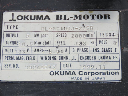 Okuma BL-MC100J-20SB AC Servo Motor 2kW 2000 RPM 133V 8.91A 3PH Encoder