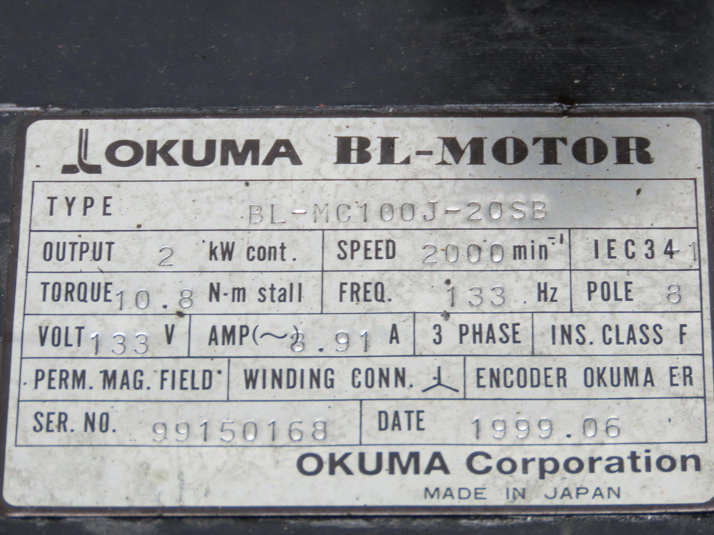 Okuma BL-MC100J-20SB AC Servo Motor 2kW 2000 RPM 133V 8.91A 3PH Encoder