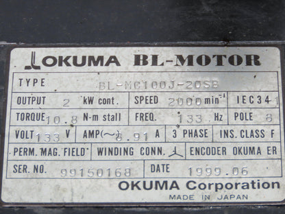 Okuma BL-MC100J-20SB AC Servo Motor 2kW 2000 RPM 133V 8.91A 3PH Encoder