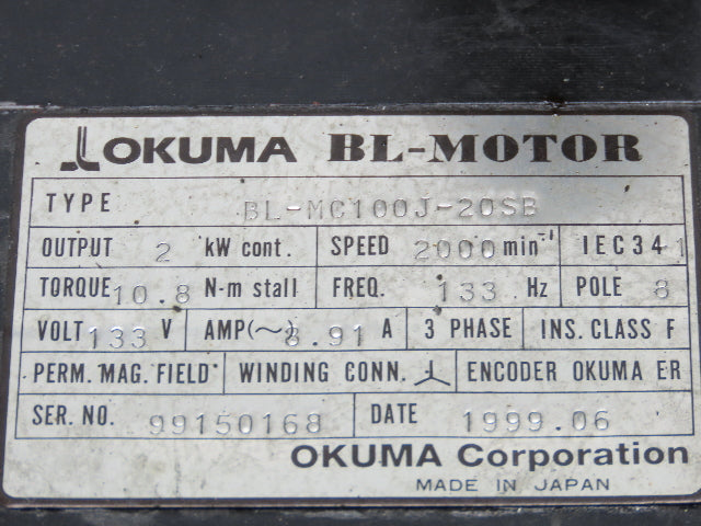 Okuma BL-MC100J-20SB AC Servo Motor 2kW 2000 RPM 133V 8.91A 3PH Encoder