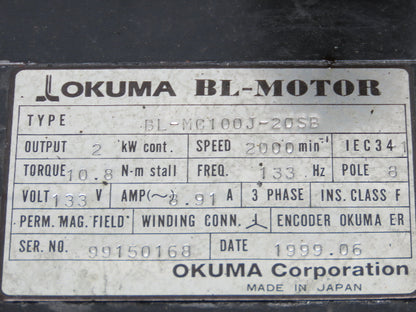 Okuma BL-MC100J-20SB AC Servo Motor 2kW 2000 RPM 133V 8.91A 3PH Encoder