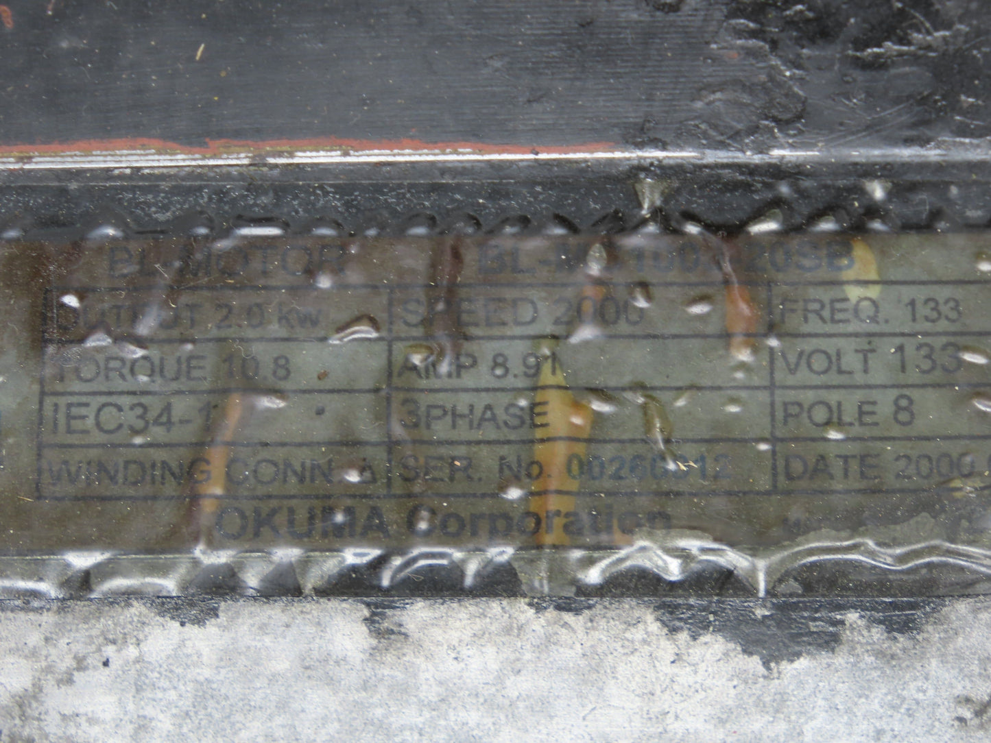 Okuma BL-MC100J-20SB AC Servo Motor 2kW 2000 RPM 133V 8.91A 3PH Encoder