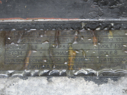 Okuma BL-MC100J-20SB AC Servo Motor 2kW 2000 RPM 133V 8.91A 3PH Encoder