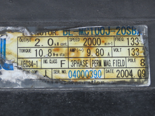 Okuma BL-MC100J-20SBA AC Servo Motor 2kW 2000 RPM 133V 3PH 9.80A Encoder
