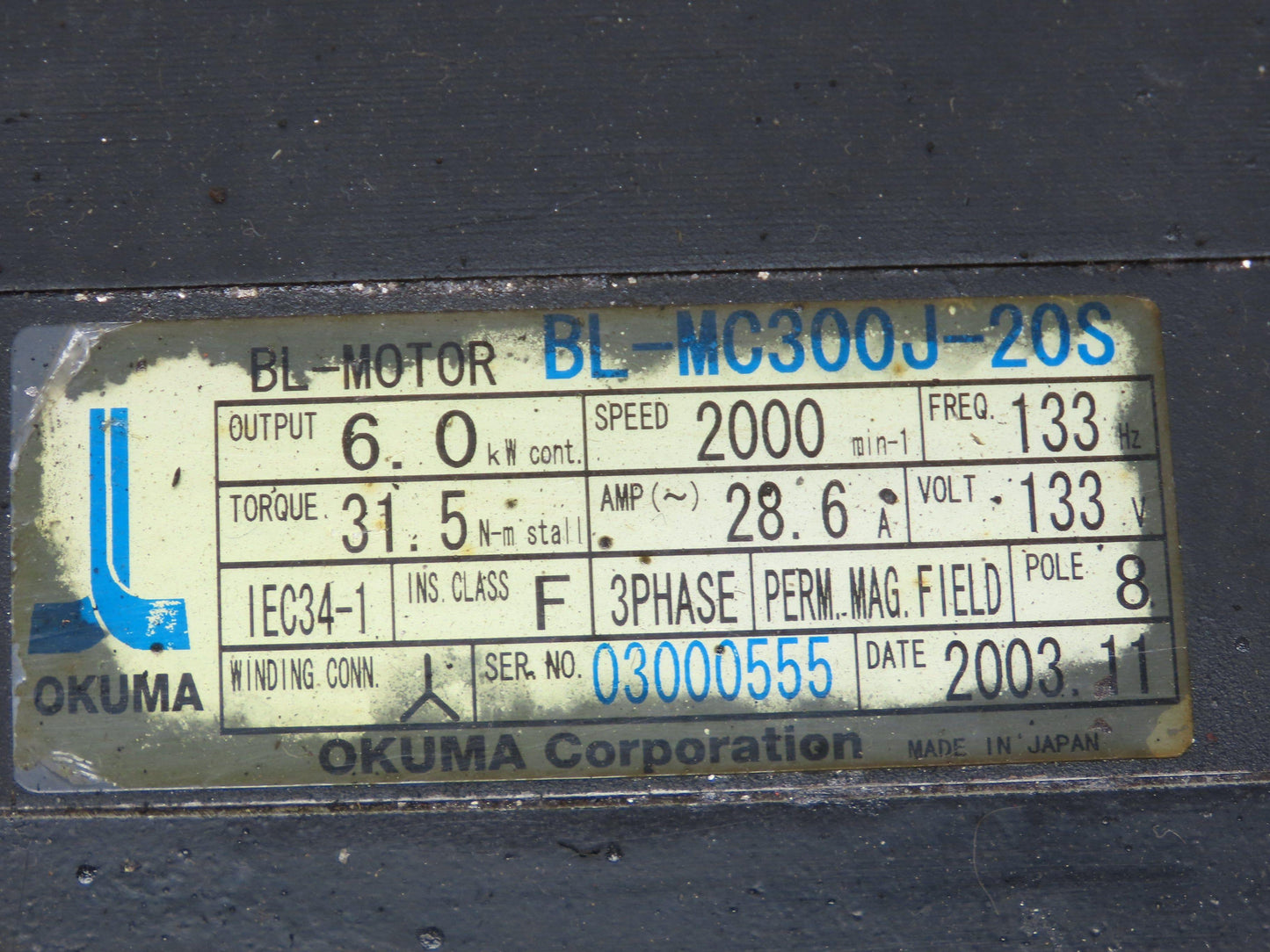 Okuma BL-MC300J-20S AC Servo Motor 6kW 2000 RPM 133V 28.6A 3PH Encoder