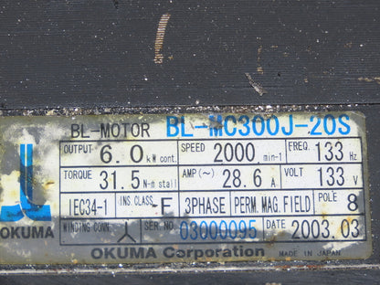 Okuma BL-MC300J-20S AC Servo Motor 6kW 2000 RPM 133V 28.6A 3PH Encoder