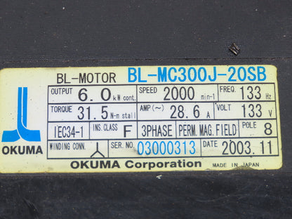 Okuma BL-MC300J-20SB AC Servo Motor 6kW 2000 RPM 133V 28.6A 3PH Encoder