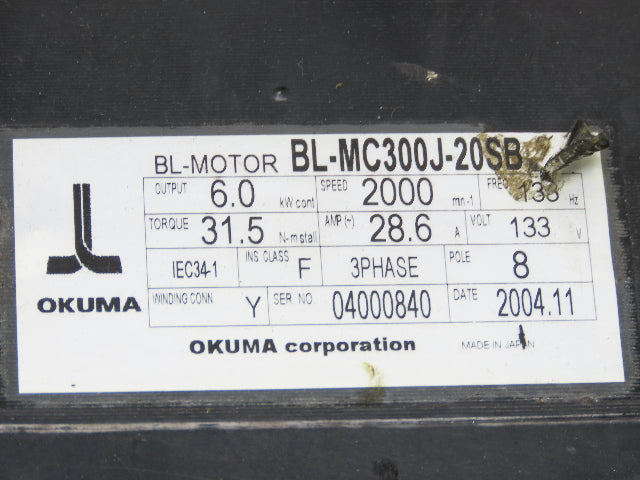 Okuma BL-MC300J-20SB AC Servo Motor 6kW 2000 RPM 133V 28.6A 3PH Encoder