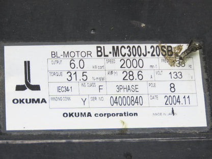 Okuma BL-MC300J-20SB AC Servo Motor 6kW 2000 RPM 133V 28.6A 3PH Encoder