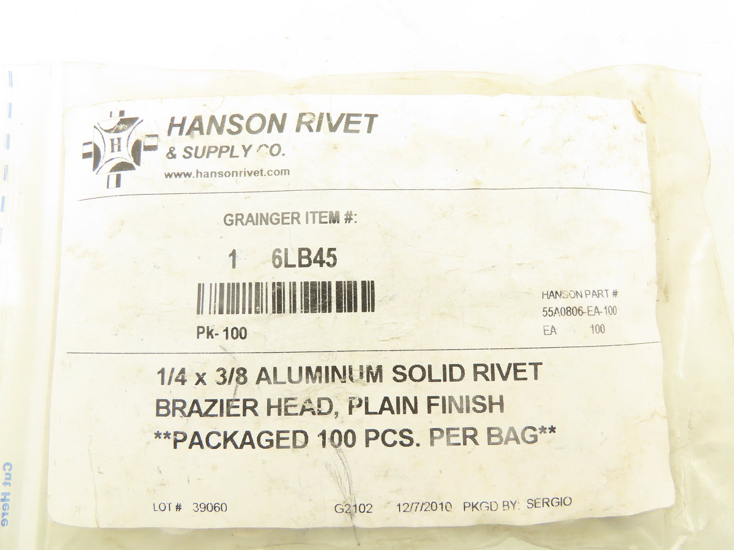 Hanson Grainger 55A0806-EA-100 Aluminum Solid Rivet 1/4 x 3/8" 100 Pack Lot of 4