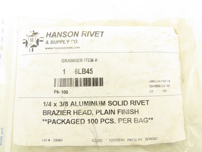 Hanson Grainger 55A0806-EA-100 Aluminum Solid Rivet 1/4 x 3/8" 100 Pack Lot of 4