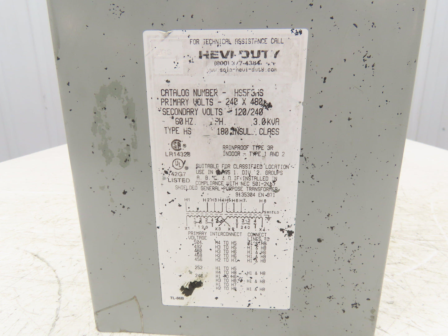 Sola Hevi-Duty HS5F3AS Transformer 3kva 1PH 240/480HV 120/240LV Type 3R