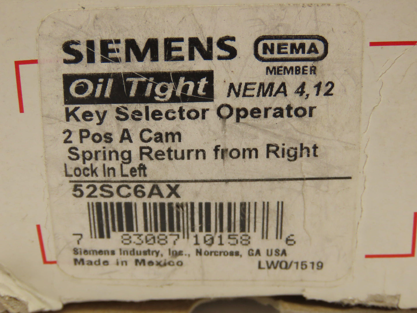 Siemens 52SC6AX Oil Tight 2 Position Key Selector Operator Switch
