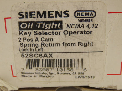 Siemens 52SC6AX Oil Tight 2 Position Key Selector Operator Switch