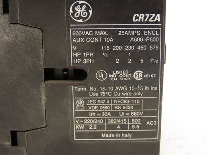 General Electric CR7ZA 10 Contactor Relay 24V Coil 600V 5HP 3PH Lot of 2