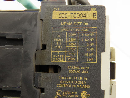 Allen Bradley 500-T0D94 Contactor Reversing Motor Starter 120V Coil 9A 600V