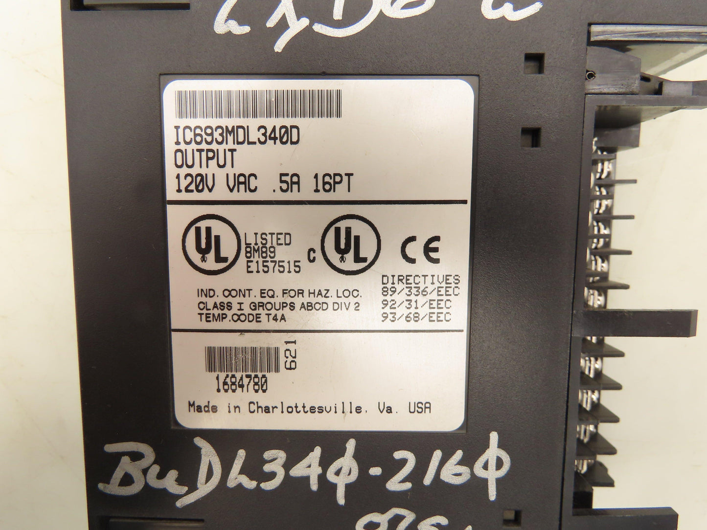 GE Fanuc IC693MDL340D PLC Output Module 120VAC 0.5A 16pt Lot of 2