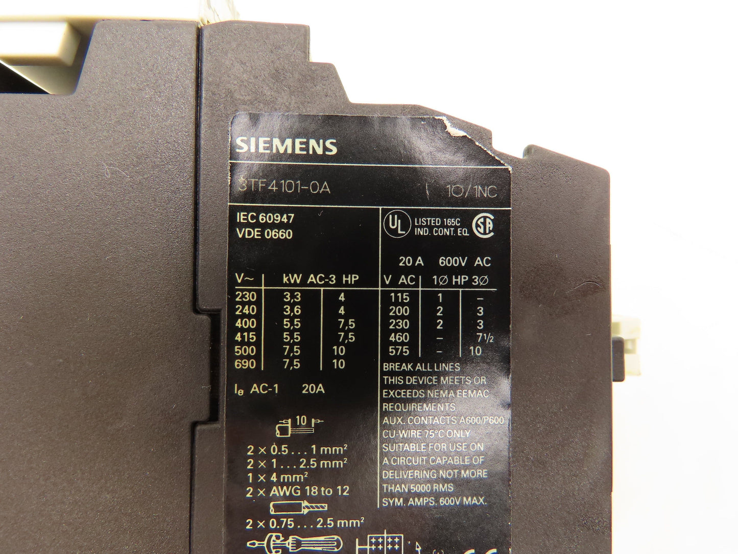 Siemens 3TF4101-0A Contactor 120V Coil 20A 600V Lot of 2