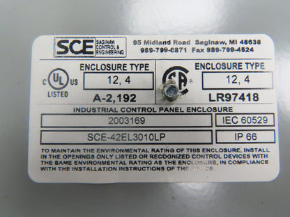 Saginaw SCE-42EL3010LP Electrical Enclosure 42x30x10" Control Panel Backplate