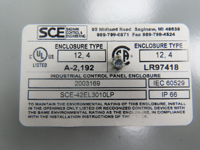 Saginaw SCE-42EL3010LP Electrical Enclosure 42x30x10" Control Panel Backplate
