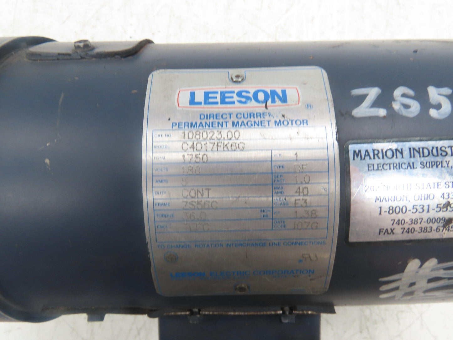 Leeson 108023.00 Permanent Magnet Motor 1HP 1750 Rpm 180VDC 5A ZS56C Frame