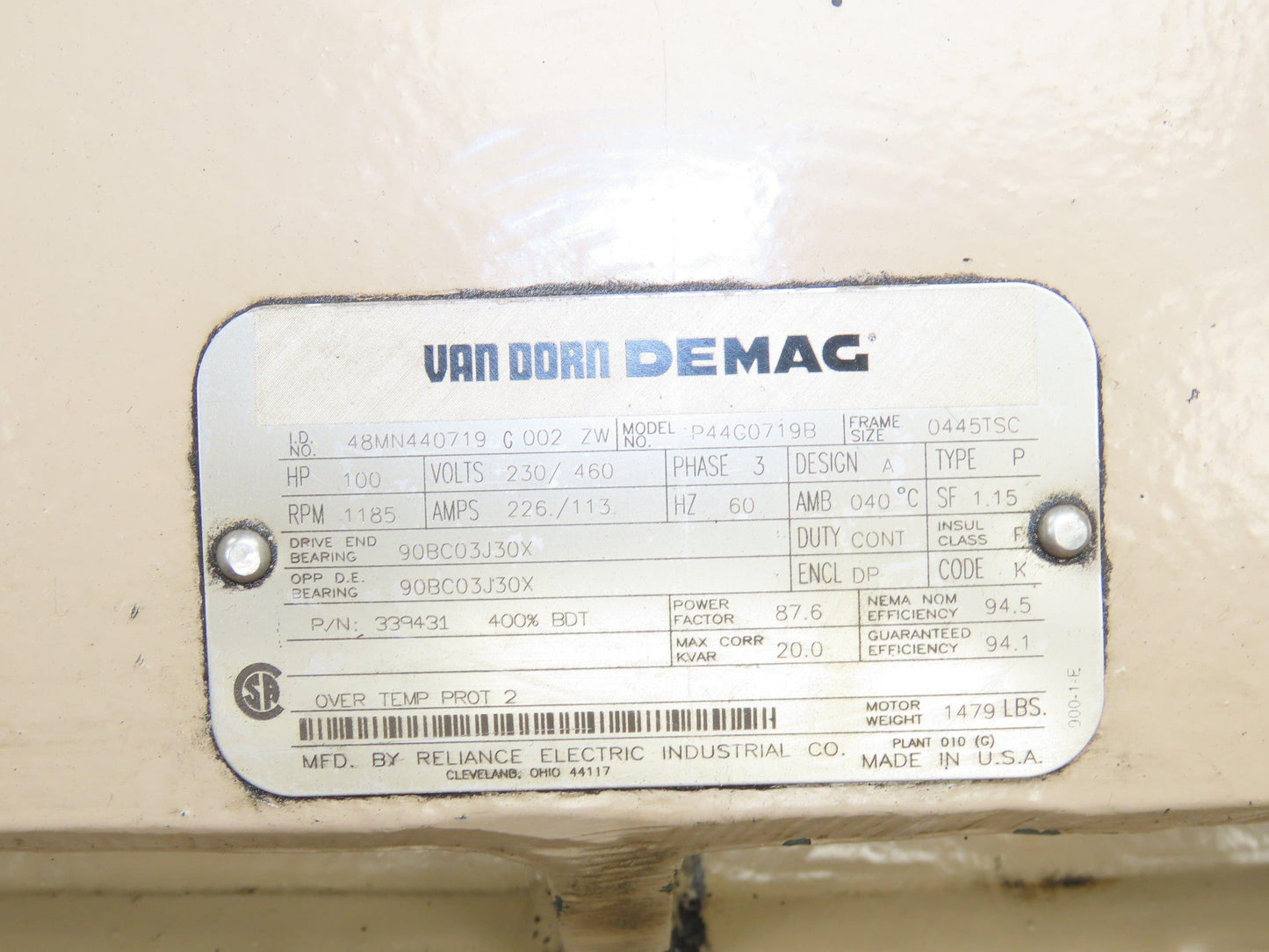 Van Dorn Demag P44G0719B Electric Motor 100Hp 230/460V 3Ph 1185RPM 445TSC