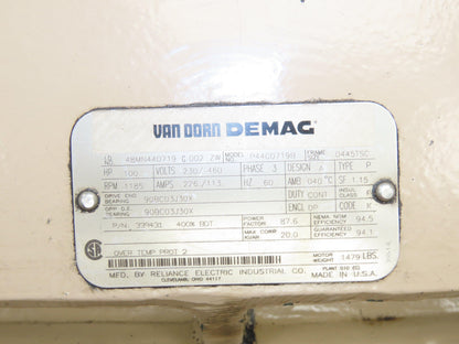 Van Dorn Demag P44G0719B Electric Motor 100Hp 230/460V 3Ph 1185RPM 445TSC