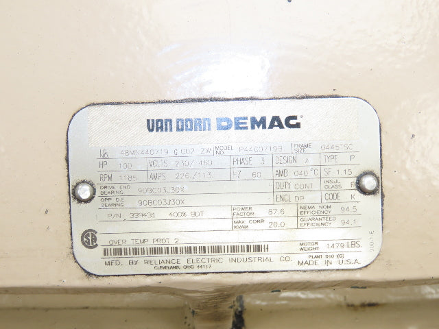 Van Dorn Demag P44G0719B Electric Motor 100Hp 230/460V 3Ph 1185RPM 445TSC