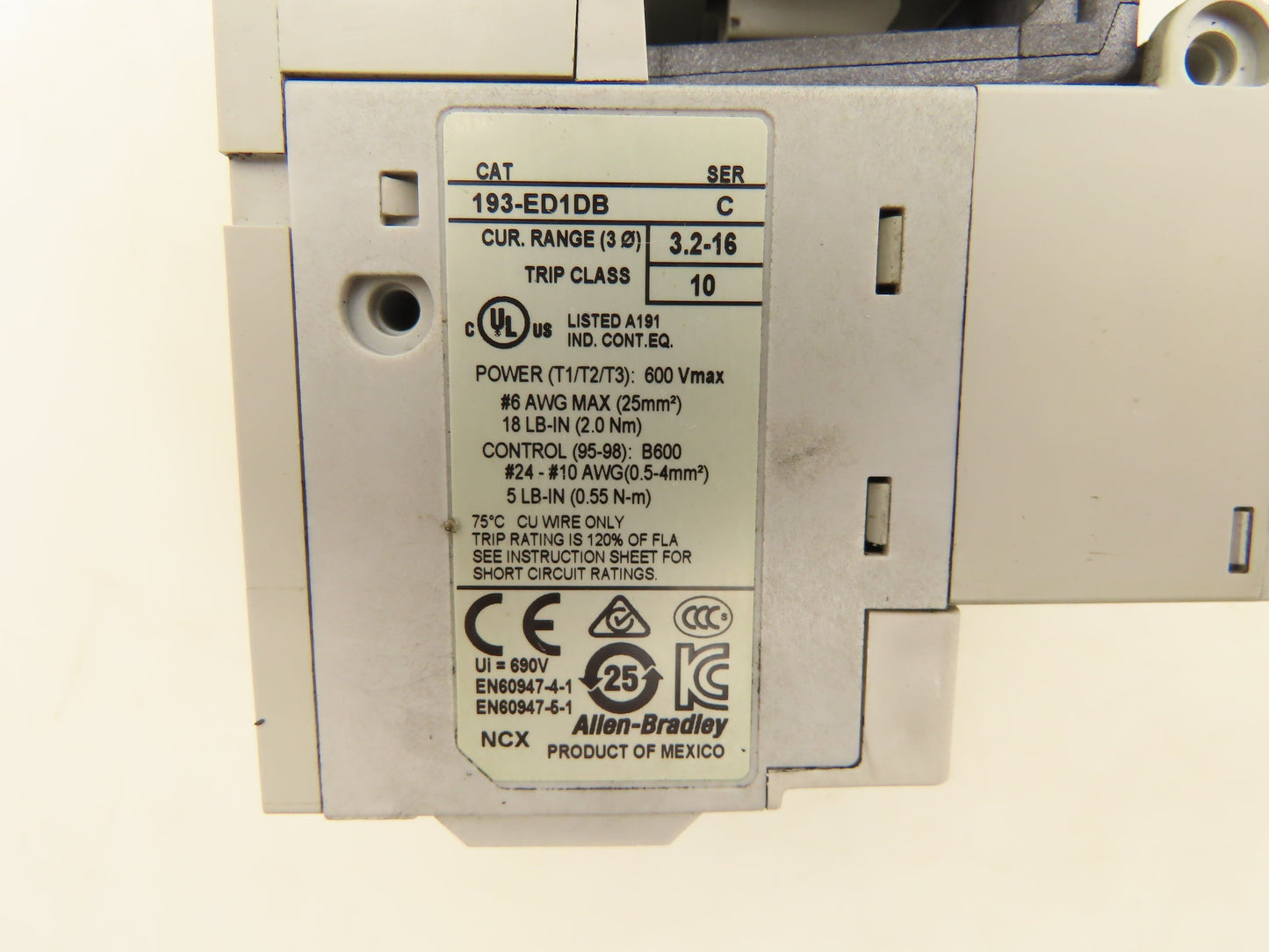 Allen Bradley 100-C12E*400 Contactor Overload Relay 193-ED1DB 24V 600V 32A