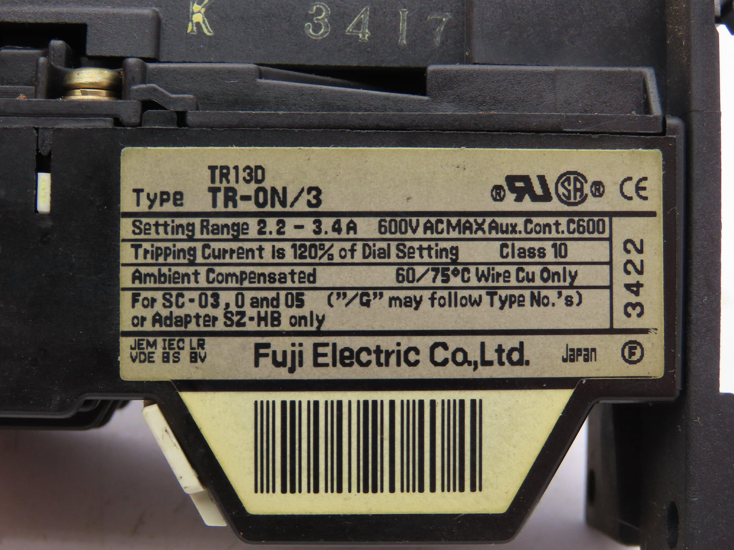 Fuji Electric TR-0N/3 Overload Relay 1.4-2.2A 600V Lot of 6