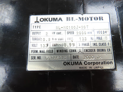 Okuma BL-MC100J-20T AC Servo Motor 2kW 2000 RPM 133V 3PH Encoder ER-J-7200D