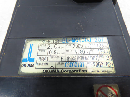 Okuma BL-MC100J-20T AC Servo Motor 2kW 2000 RPM 133V 3PH Encoder ER-JF-7200D