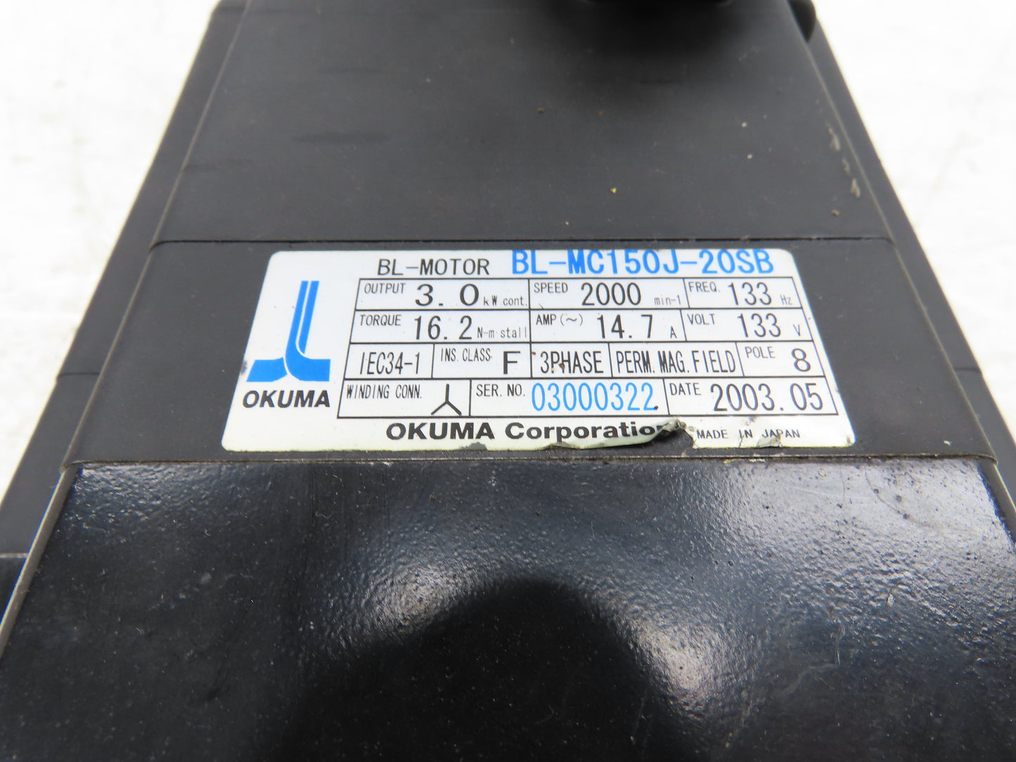 Okuma BL-MC150J-20SB AC Servo Motor 3kW 2000 RPM 133V 3PH Encoder ER-JF-7200D