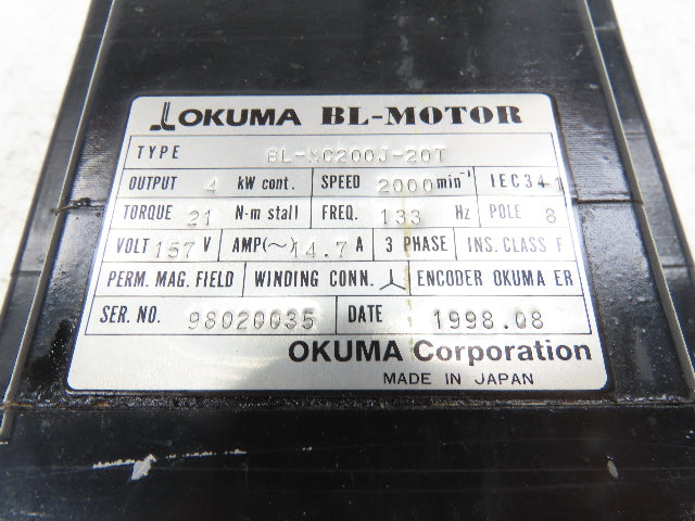 Okuma BL-MC200J-20T AC Servo Motor 4kW 2000 RPM 157V 14.7A 3PH Encoder