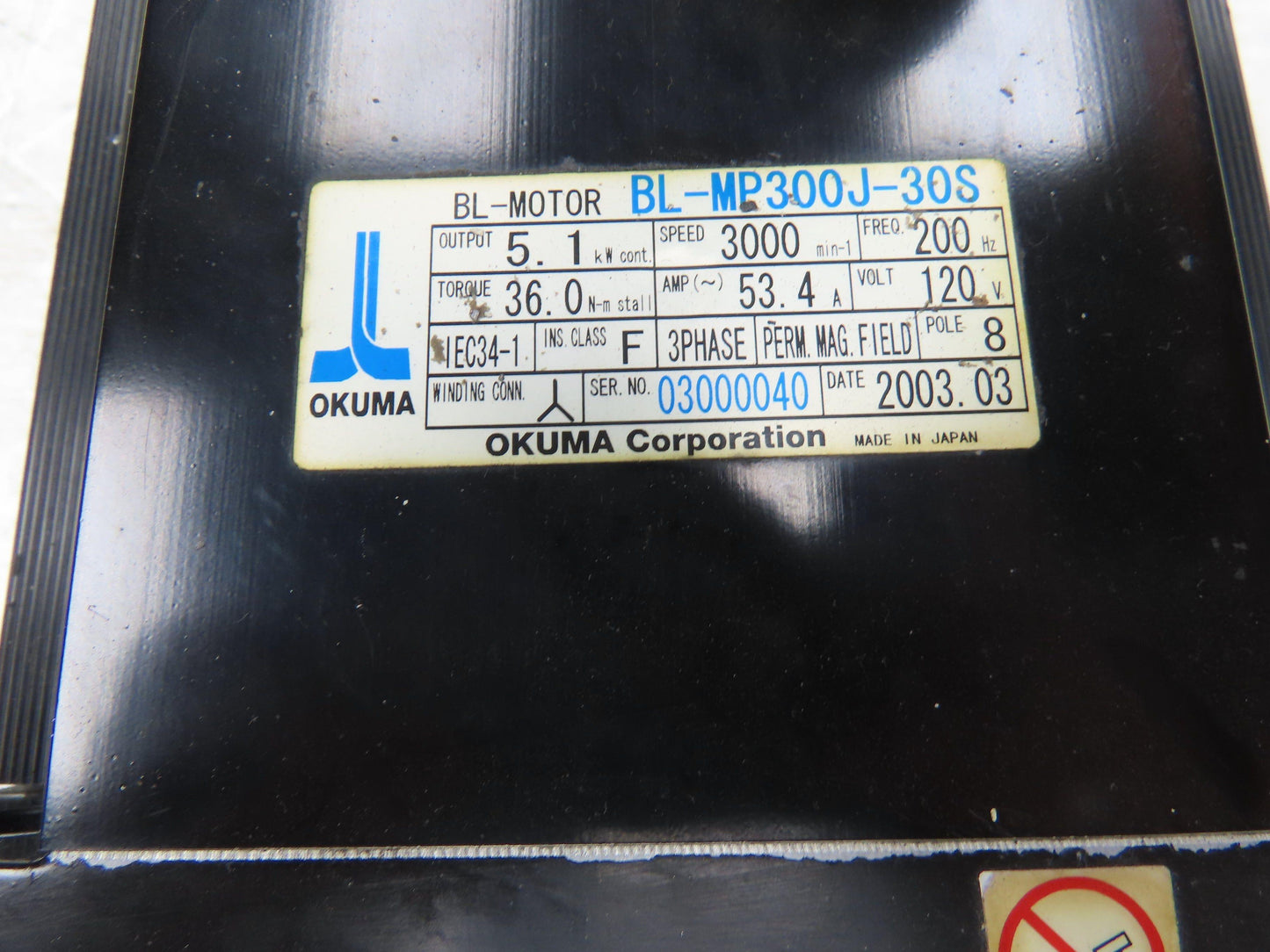 Okuma BL-MP300J-30S AC Servo Motor 5.1kW 3000 RPM 120V 3PH Encoder ER-JF-7200D