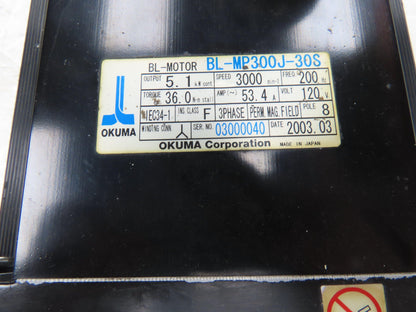 Okuma BL-MP300J-30S AC Servo Motor 5.1kW 3000 RPM 120V 3PH Encoder ER-JF-7200D