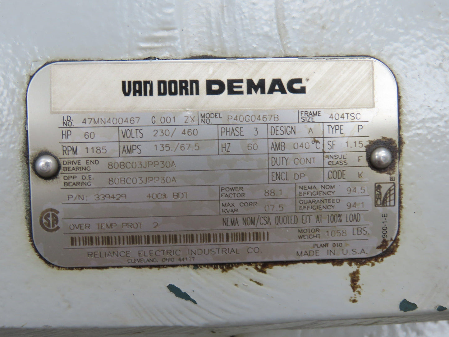 Van Dorn P40G0467B Electric Motor 60Hp 230/460V 3Ph 1185RPM 404TSC Dual Shaft